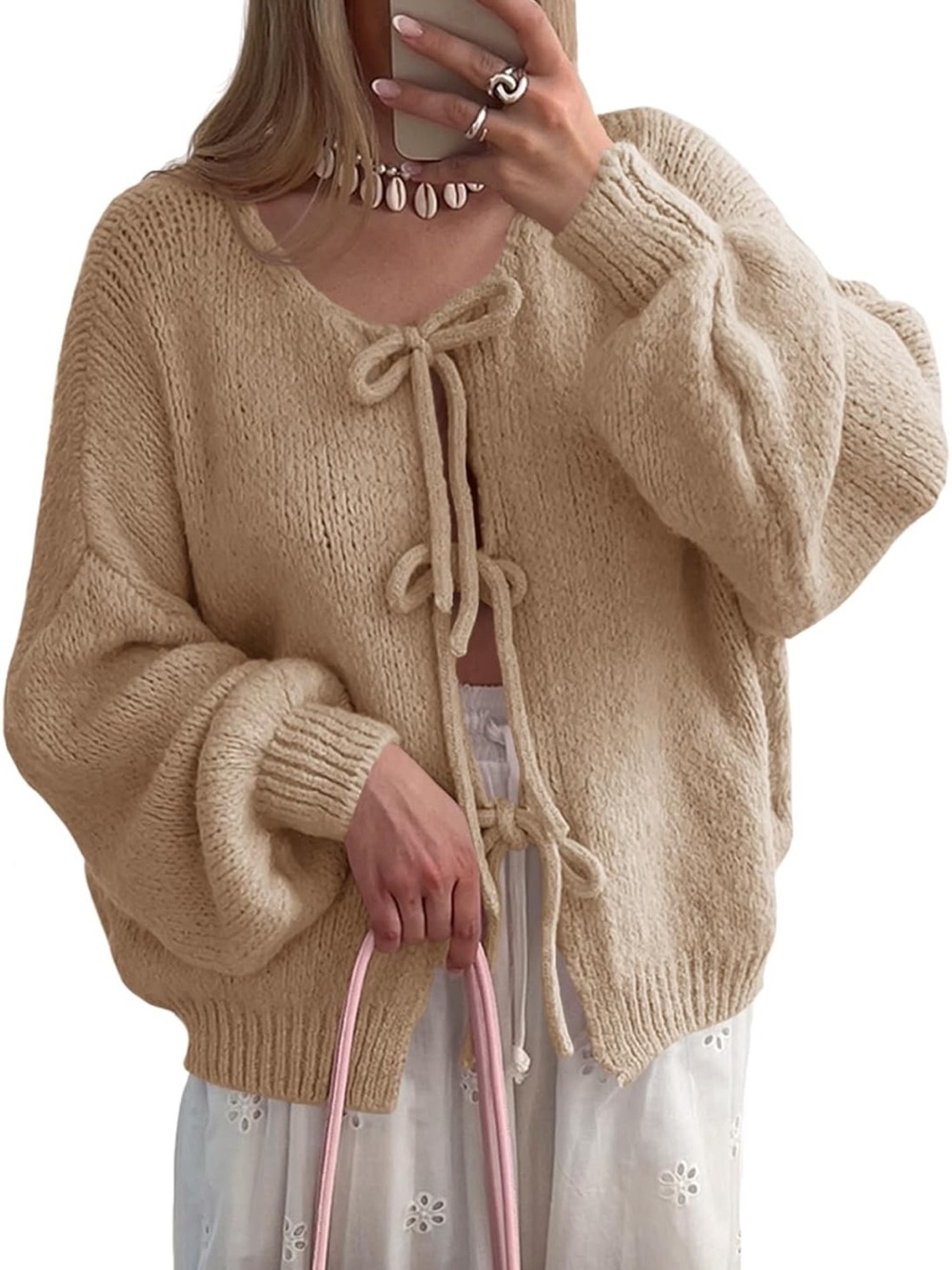Saodimallsu khaki Tie-Front Knit Sweater - Womens Cozy Cardigan